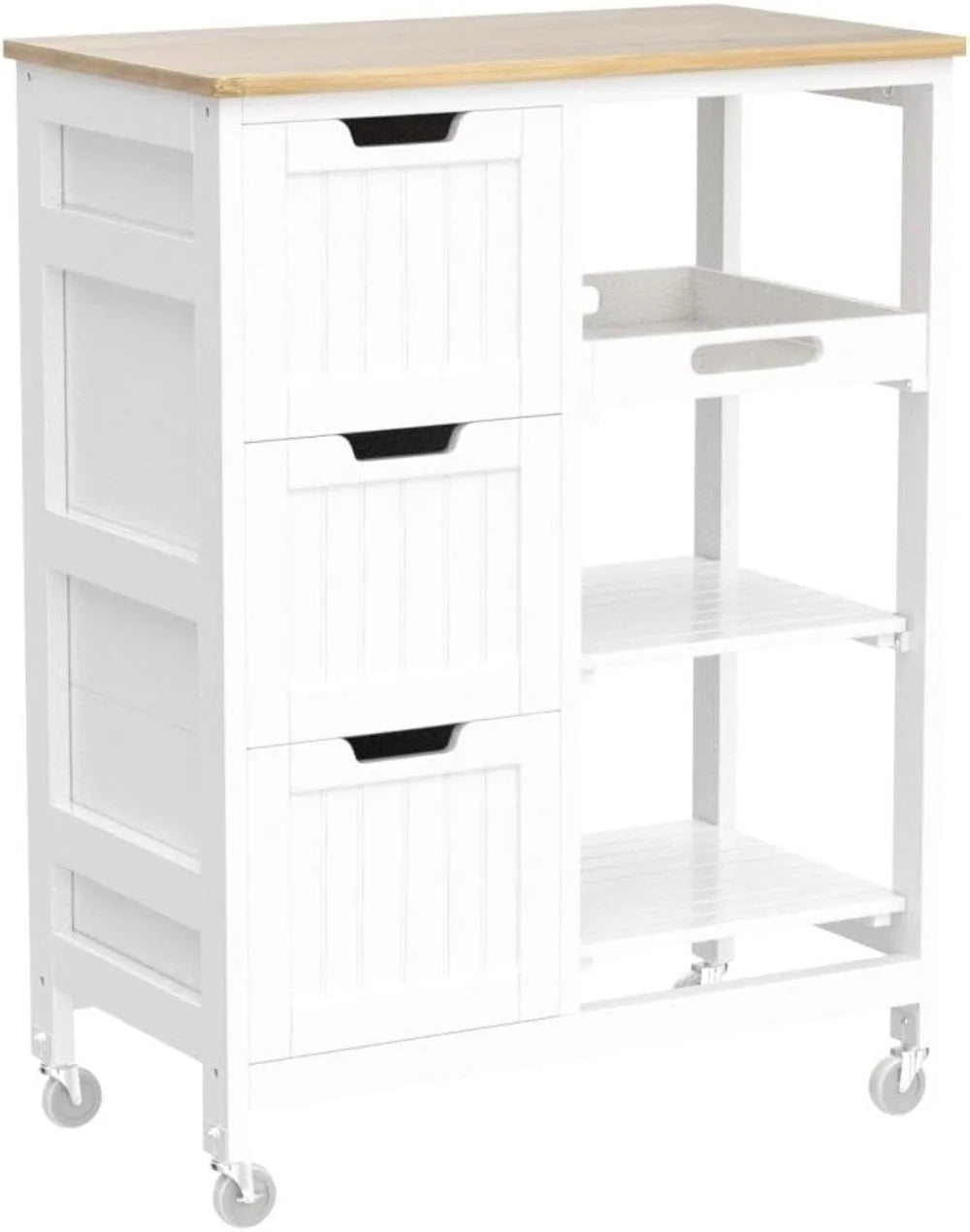 Kitchen Rolling Storage Cart w Bamboo Countertop, 3 Drawers, 3 Removable Shelves & Lockable Casters