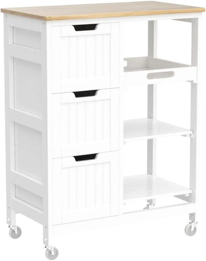 Kitchen Rolling Storage Cart w Bamboo Countertop, 3 Drawers, 3 Removable Shelves & Lockable Casters