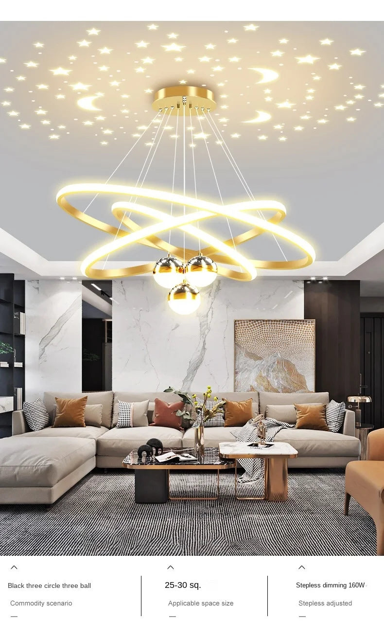 Ring Chandelier with Moon Stars Creative Black/Gold Ring Circle LED Chandelier for Bedroom Dining Room