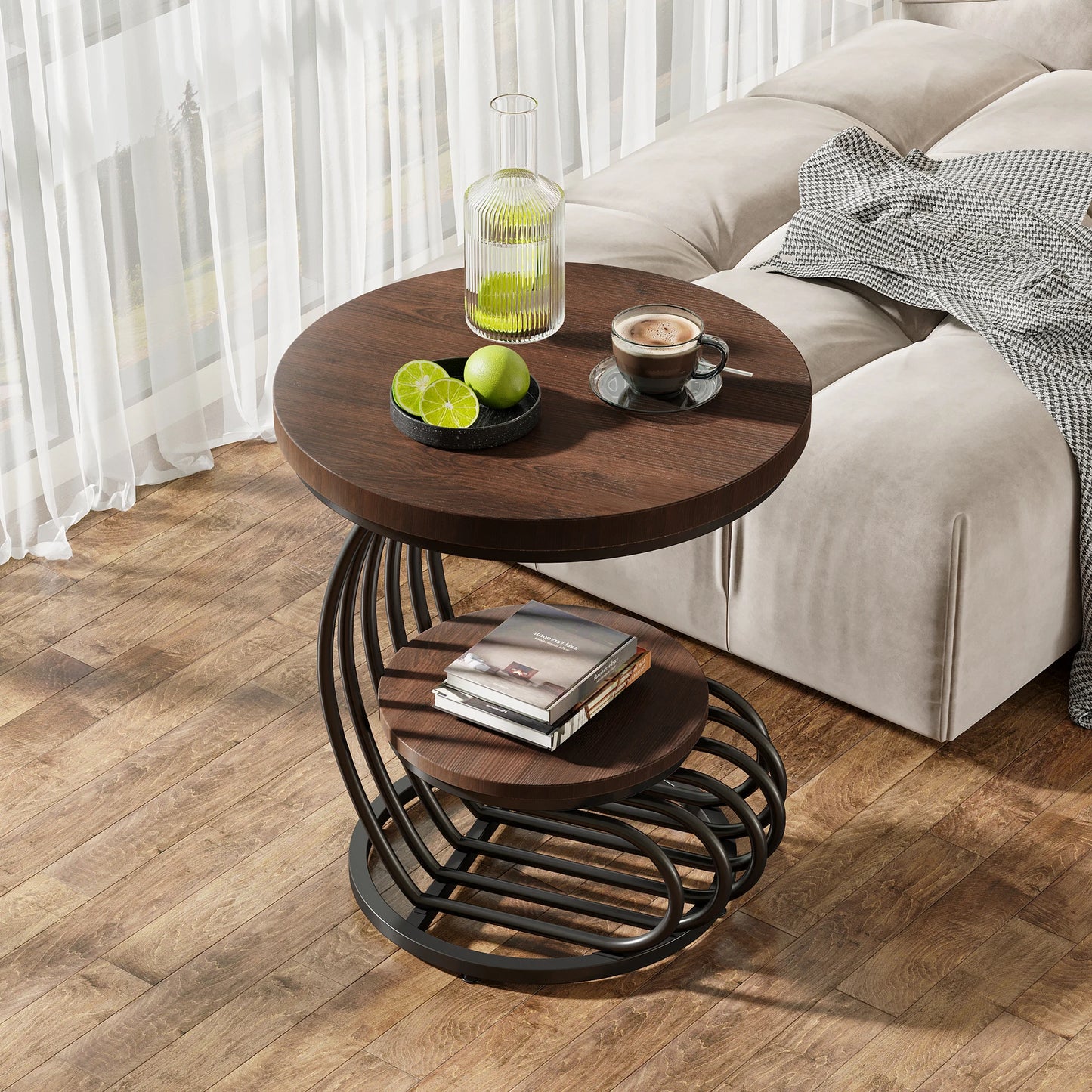 Tribesigns Gold Round End Table: 2 Tiers Faux Marble Side Table with Storage Shelf