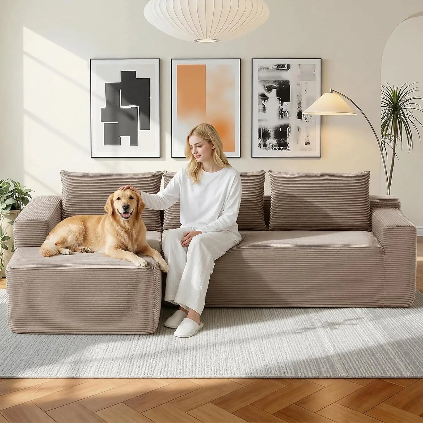 97" Modular Sectional Sofa L-Shape Chaise Deep Seat Corduroy  Left Facing No Assembly, Custom