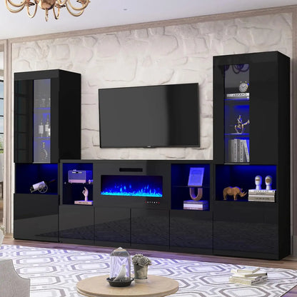 68" High Gloss Fireplace TV Stand with 40" LED Insert, Glass Shelves, Black, Customized