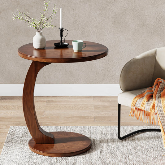 Tribesigns Round End Table, Wood C-Shaped Side Table, Mid-Century End Table