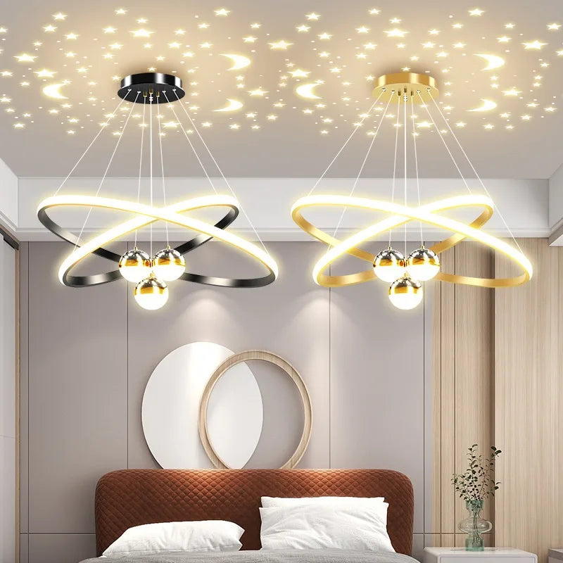 Ring Chandelier with Moon Stars Creative Black/Gold Ring Circle LED Chandelier for Bedroom Dining Room