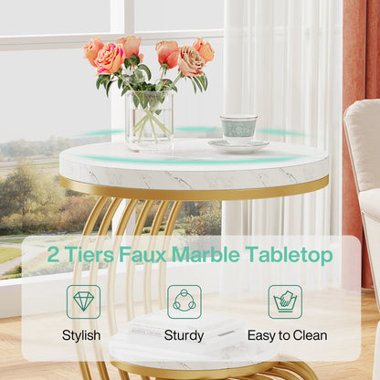 Tribesigns Gold Round End Table: 2 Tiers Faux Marble Side Table with Storage Shelf