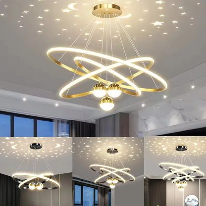 Ring Chandelier with Moon Stars Creative Black/Gold Ring Circle LED Chandelier for Bedroom Dining Room