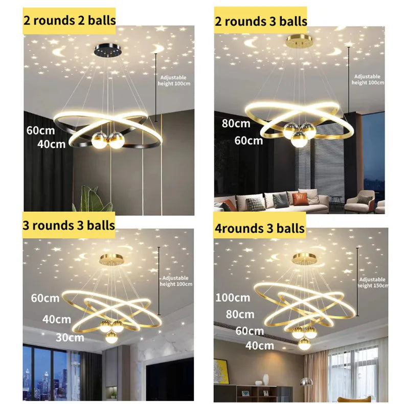 Ring Chandelier with Moon Stars Creative Black/Gold Ring Circle LED Chandelier for Bedroom Dining Room