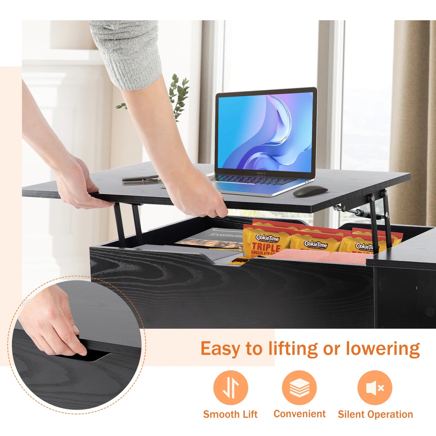 JHK Lift Top 39.37"x19.7" Desk Tea Wood Dining Tables Adjustable Storage Shelf Easy Lift Or Lower