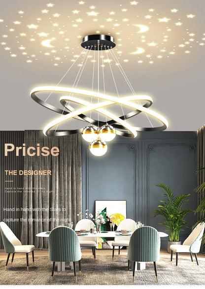 Ring Chandelier with Moon Stars Creative Black/Gold Ring Circle LED Chandelier for Bedroom Dining Room
