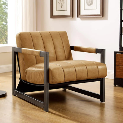Genuine Leathe Mid Century Armchair Black Metal Frame, Customized