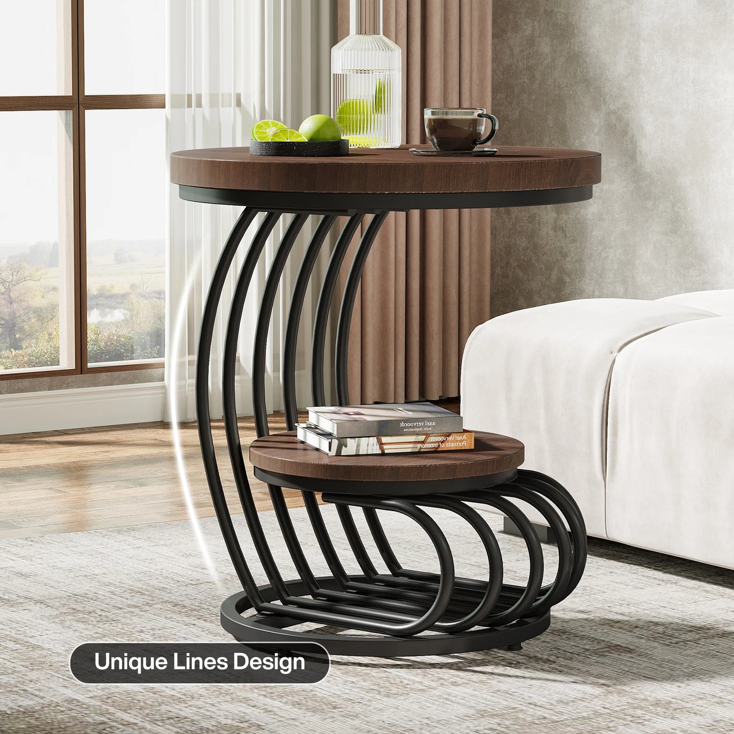 Tribesigns Gold Round End Table: 2 Tiers Faux Marble Side Table with Storage Shelf