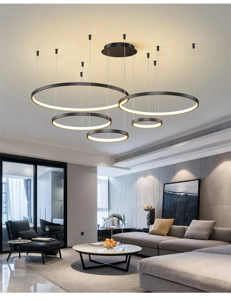 Black Rings Simple Style Modern Pendant Light,  Minimalist Chandelier Living room Dimmable Remote Lamp