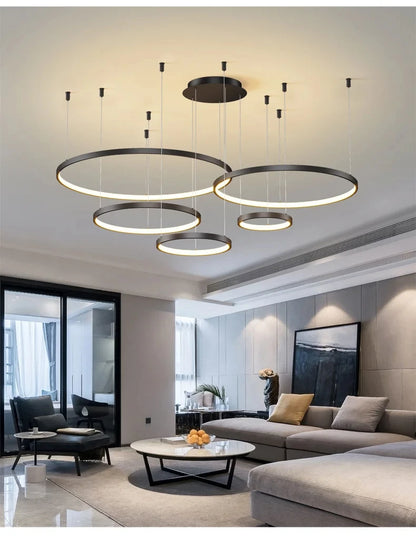 Black Rings Simple Style Modern Pendant Light,  Minimalist Chandelier Living room Dimmable Remote Lamp