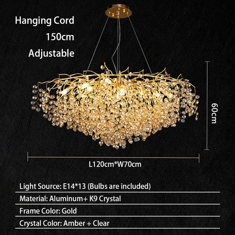 Modern Living Room LED Crystal Gold Large Chandelier Kitchen Long Pendant Lamp