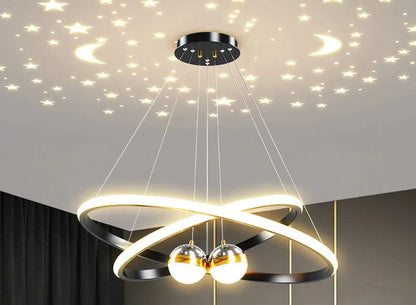 Ring Chandelier with Moon Stars Creative Black/Gold Ring Circle LED Chandelier for Bedroom Dining Room