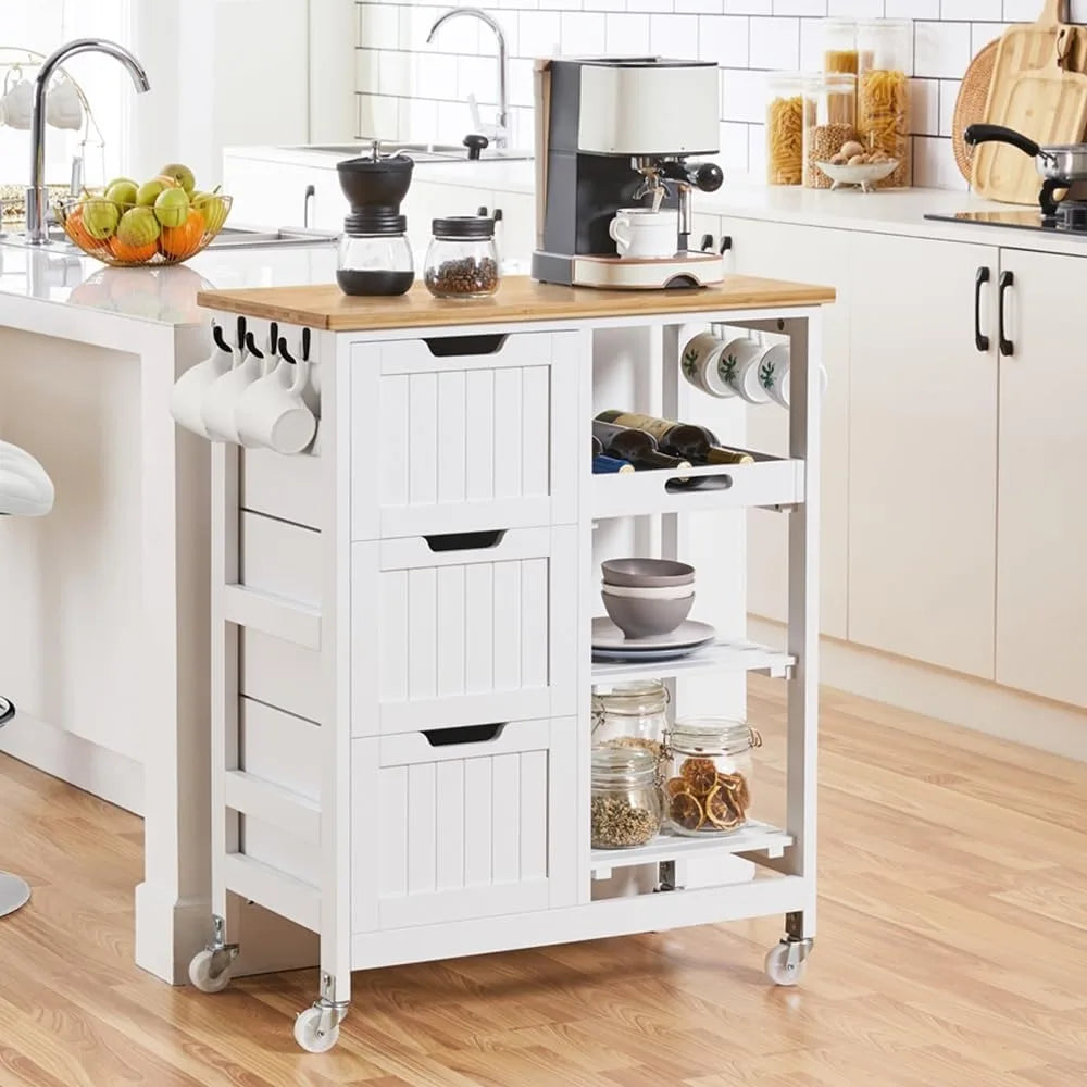 Kitchen Rolling Storage Cart w Bamboo Countertop, 3 Drawers, 3 Removable Shelves & Lockable Casters