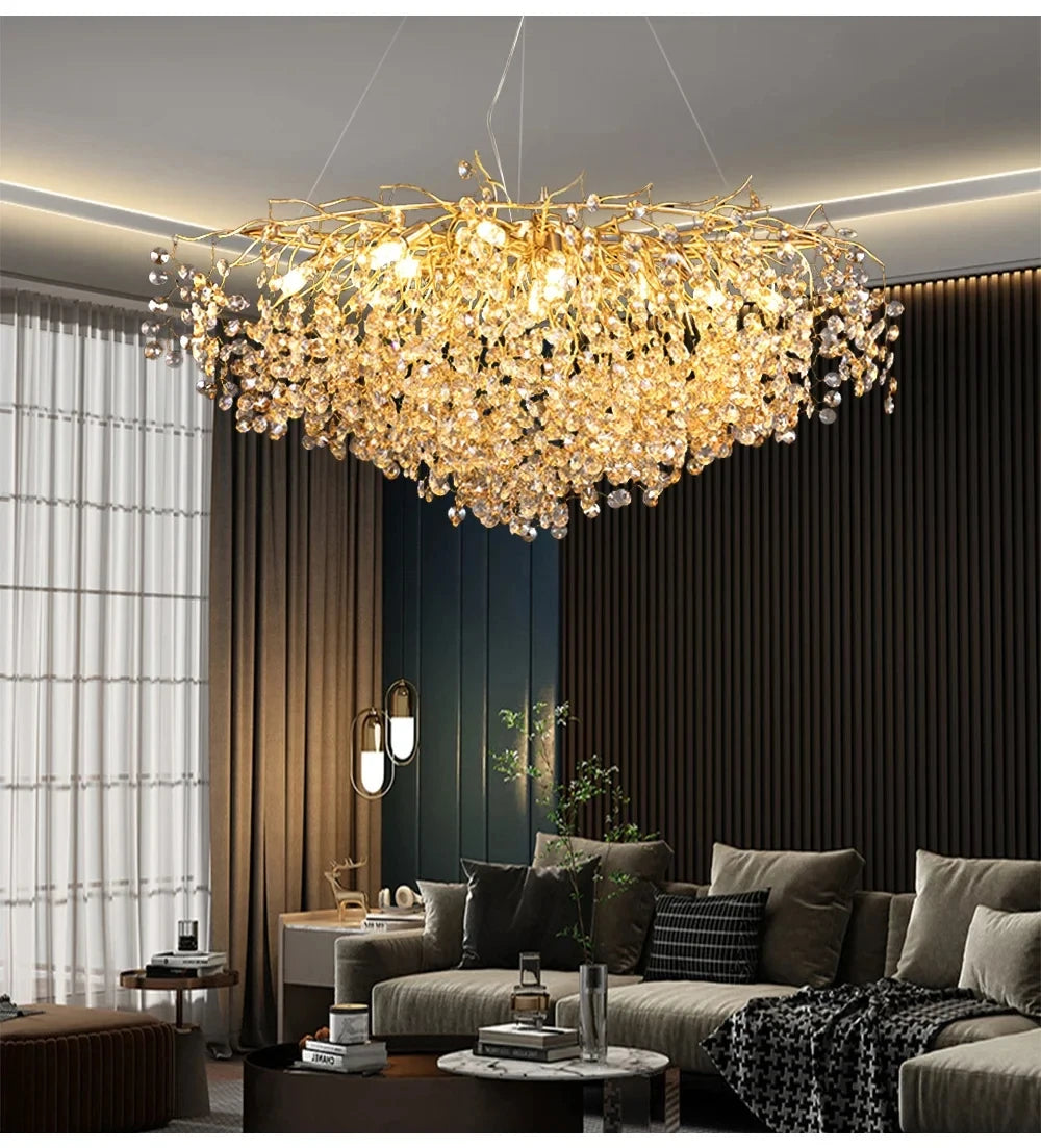 Modern Living Room LED Crystal Gold Large Chandelier Kitchen Long Pendant Lamp