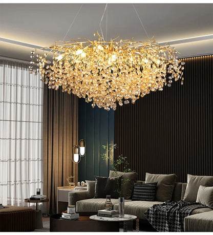 Modern Living Room LED Crystal Gold Large Chandelier Kitchen Long Pendant Lamp