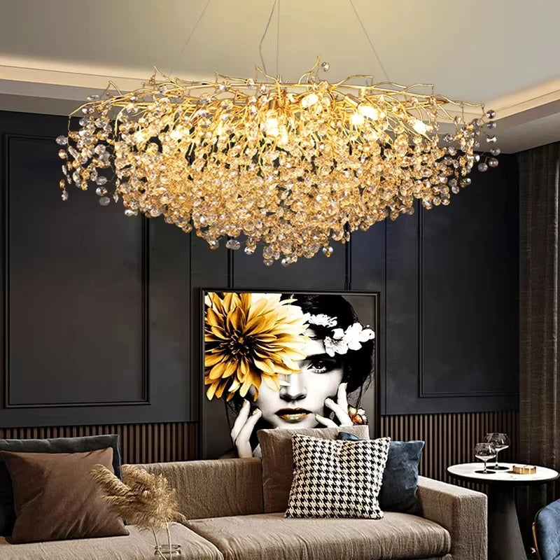 Modern Living Room LED Crystal Gold Large Chandelier Kitchen Long Pendant Lamp
