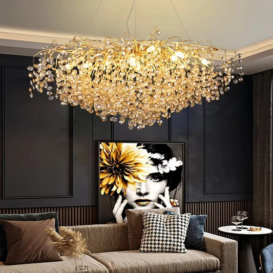 Modern Living Room LED Crystal Gold Large Chandelier Kitchen Long Pendant Lamp
