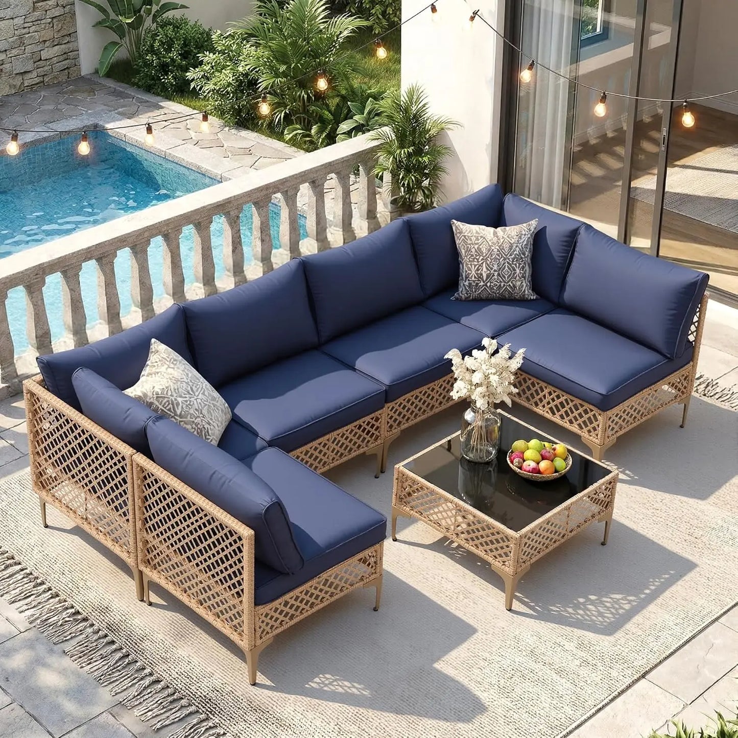 7-Piece Wicker Patio Sectional Sofa with Cushions & Glass Coffee Table. Customized