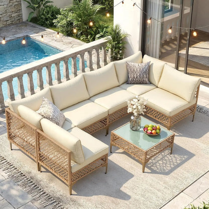 7-Piece Wicker Patio Sectional Sofa with Cushions & Glass Coffee Table. Customized