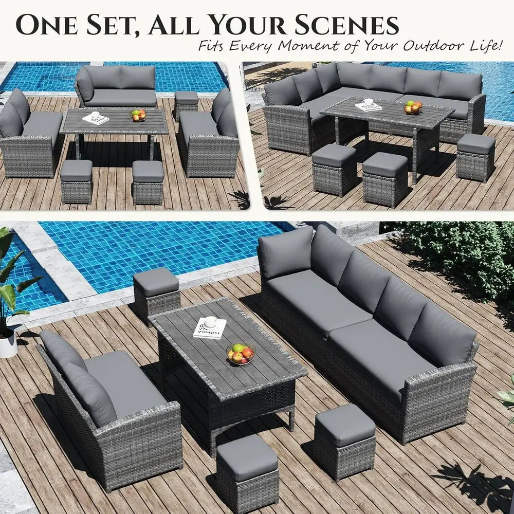 All-Weather Grey Rattan Patio Furniture Set with Sectional Sofa