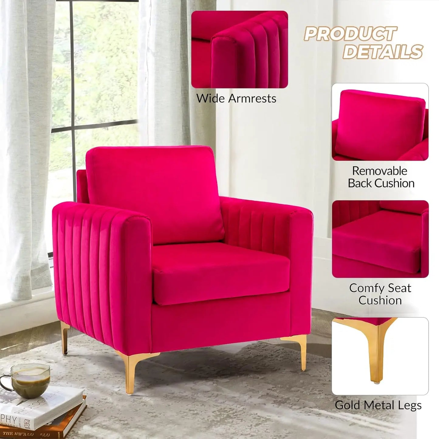 Velvet Accent Chair with Gold Metal Legs, Upholstered Leisure & Reading, Customized
