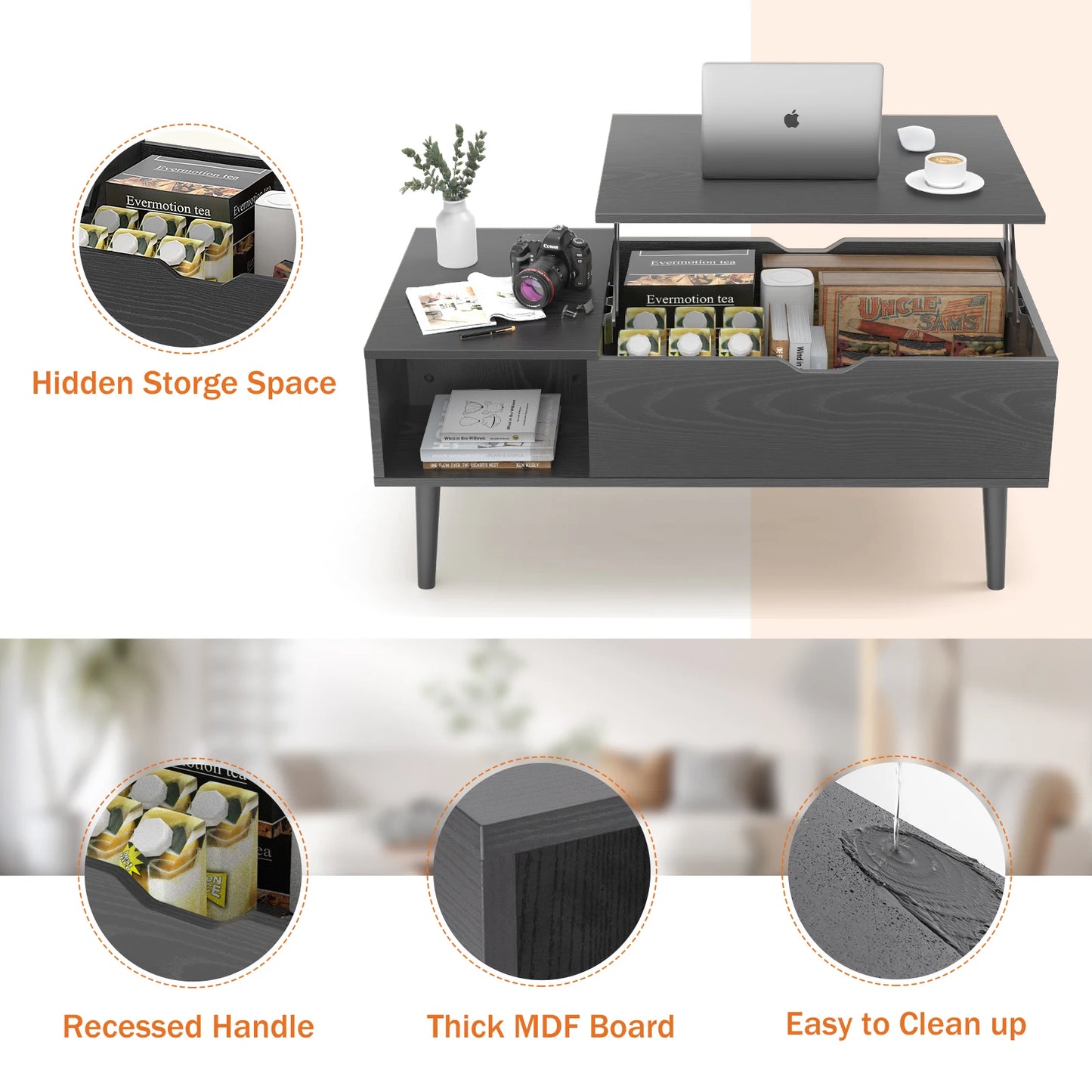JHK Lift Top 39.37"x19.7" Desk Tea Wood Dining Tables Adjustable Storage Shelf Easy Lift Or Lower