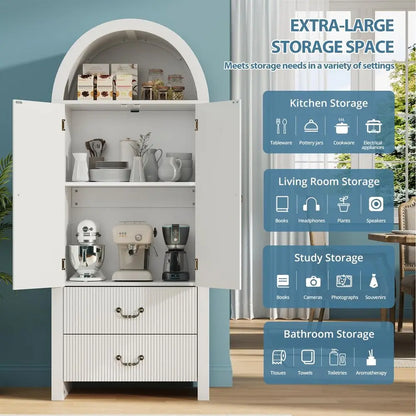 71 Tall Arched Cabinet Set of 2, Wood  Storage Cabinet w 2 Large Drawers, Versatile Bookcase
