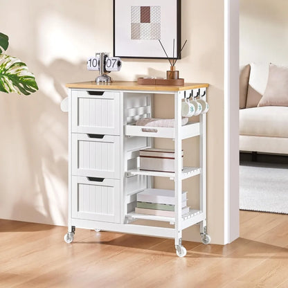 Kitchen Rolling Storage Cart w Bamboo Countertop, 3 Drawers, 3 Removable Shelves & Lockable Casters