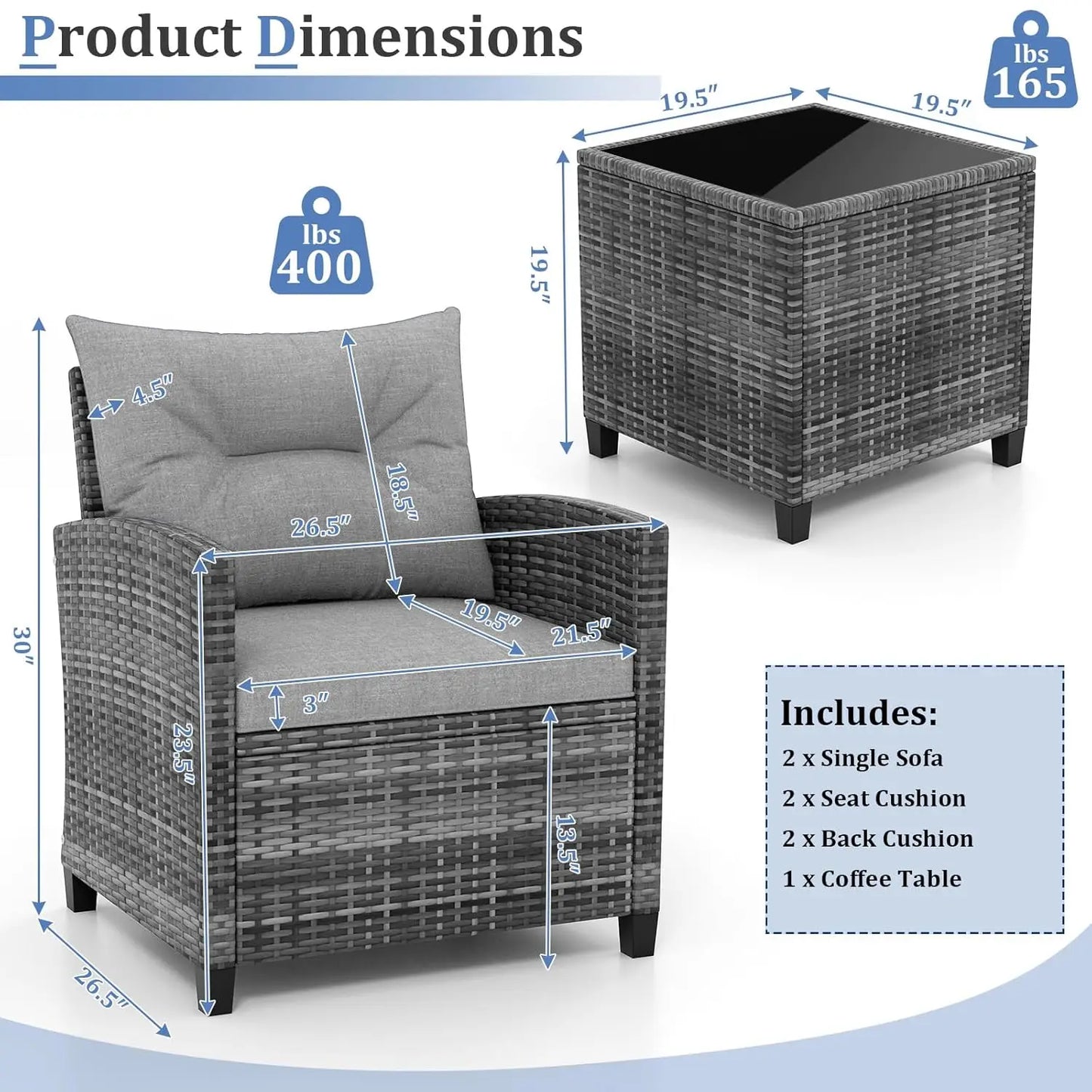 Patio Furniture Set, Outdoor PE Rattan, Washable Cushions & Tempered Glass Tabletop