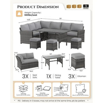 All-Weather Grey Rattan Patio Furniture Set with Sectional Sofa