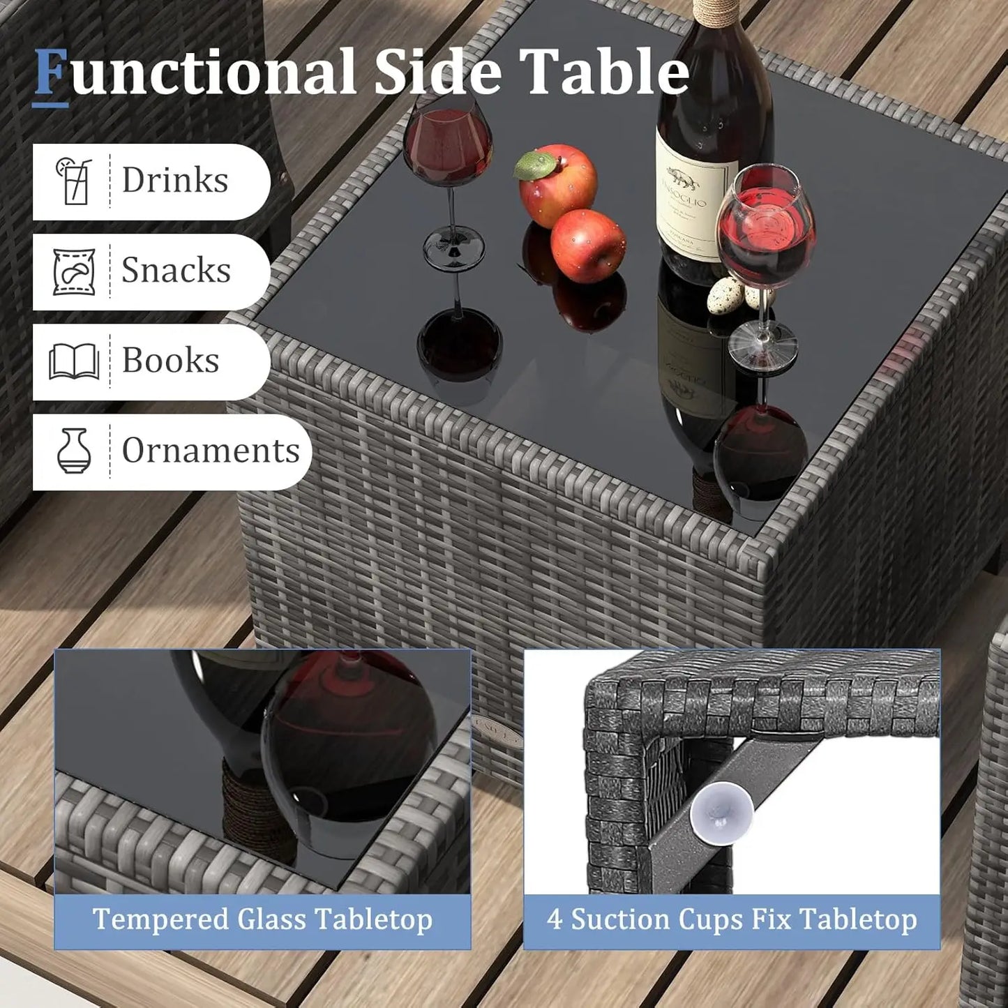 Patio Furniture Set, Outdoor PE Rattan, Washable Cushions & Tempered Glass Tabletop