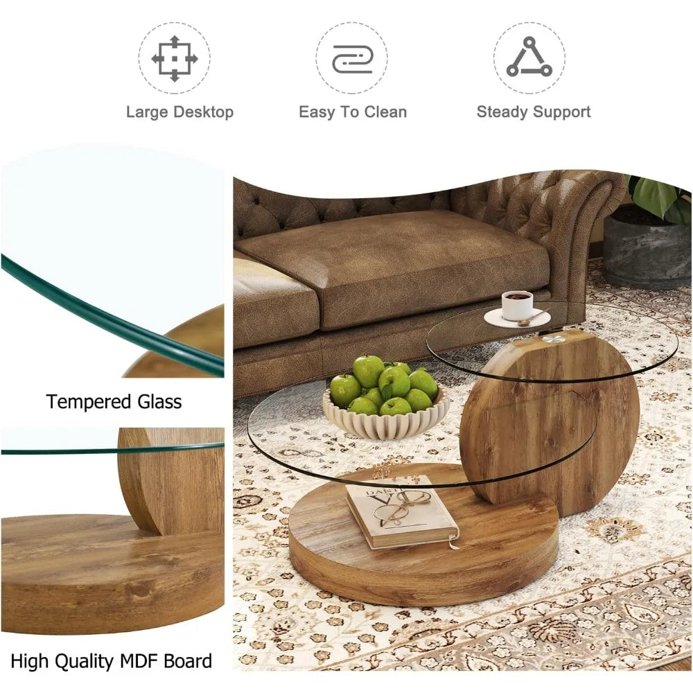 Preferred 42 Inches Round Tempered Glass Coffee Tables for Living Room, 3-Tier Circle Wood