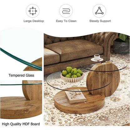 Preferred 42 Inches Round Tempered Glass Coffee Tables for Living Room, 3-Tier Circle Wood