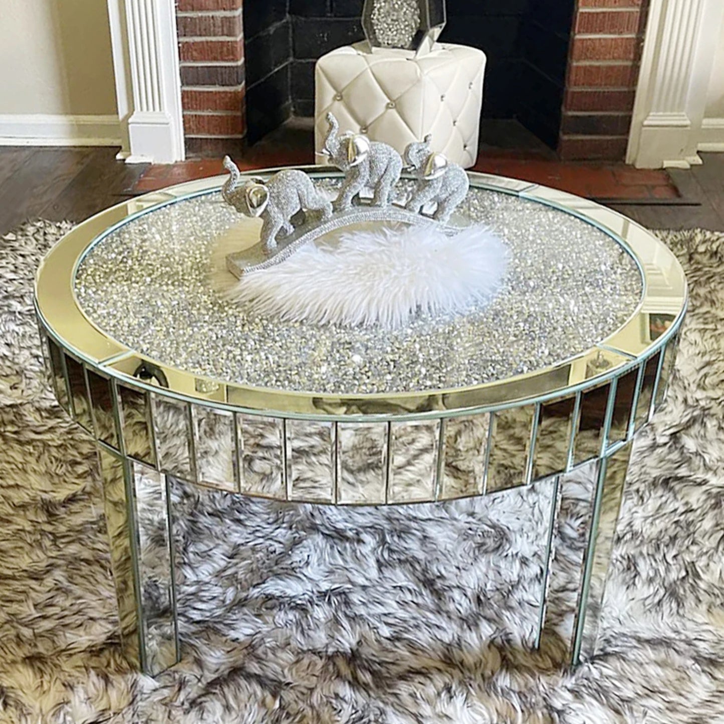 FATIVO Large Round Mirrored Coffee Table Beveled, Crushed Diamond End Table