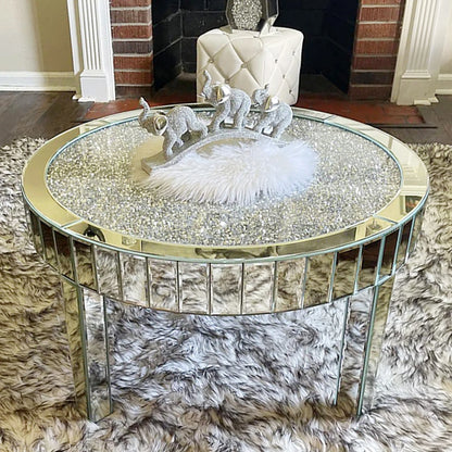 FATIVO Large Round Mirrored Coffee Table Beveled, Crushed Diamond End Table
