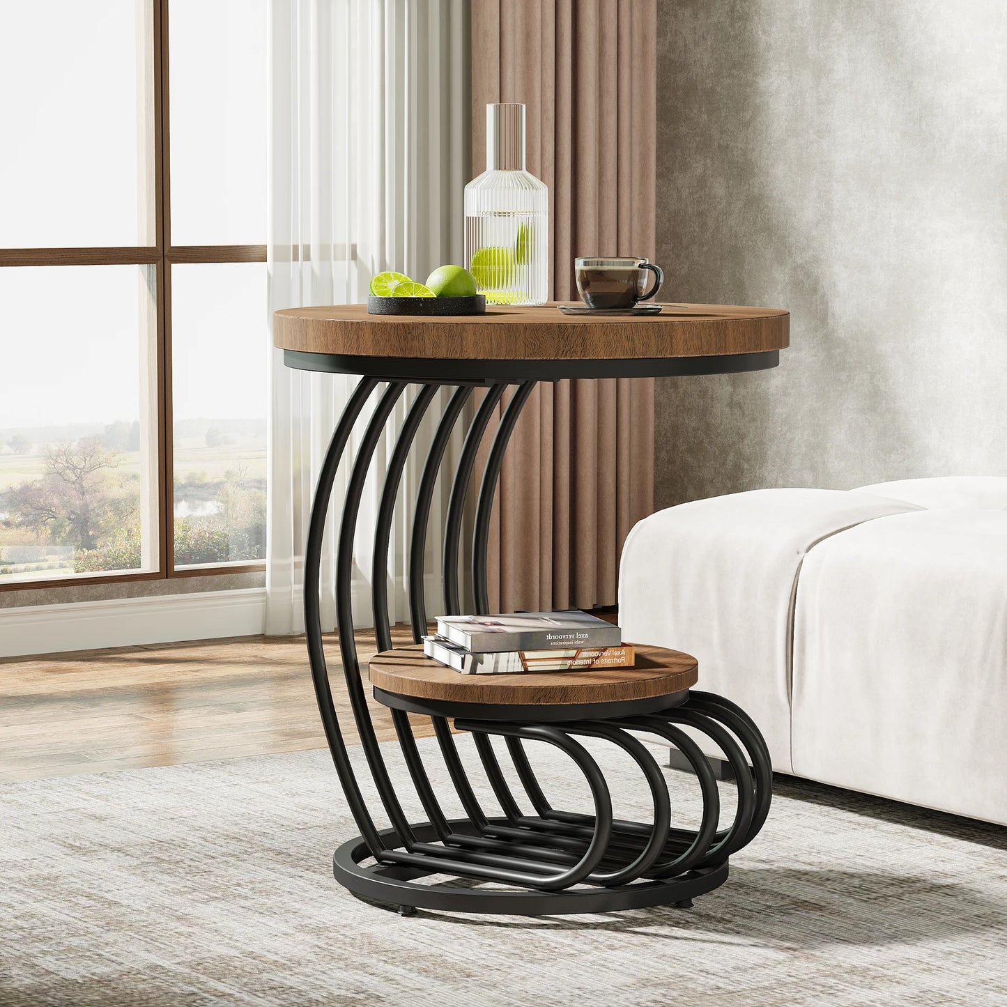 Tribesigns Gold Round End Table: 2 Tiers Faux Marble Side Table with Storage Shelf