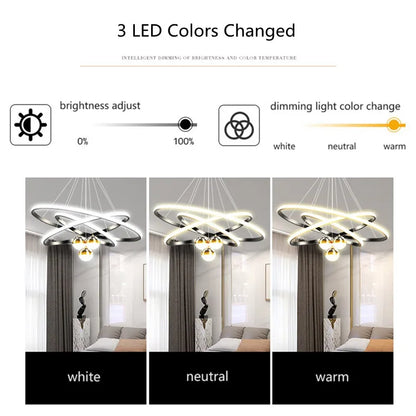 Ring Chandelier with Moon Stars Creative Black/Gold Ring Circle LED Chandelier for Bedroom Dining Room