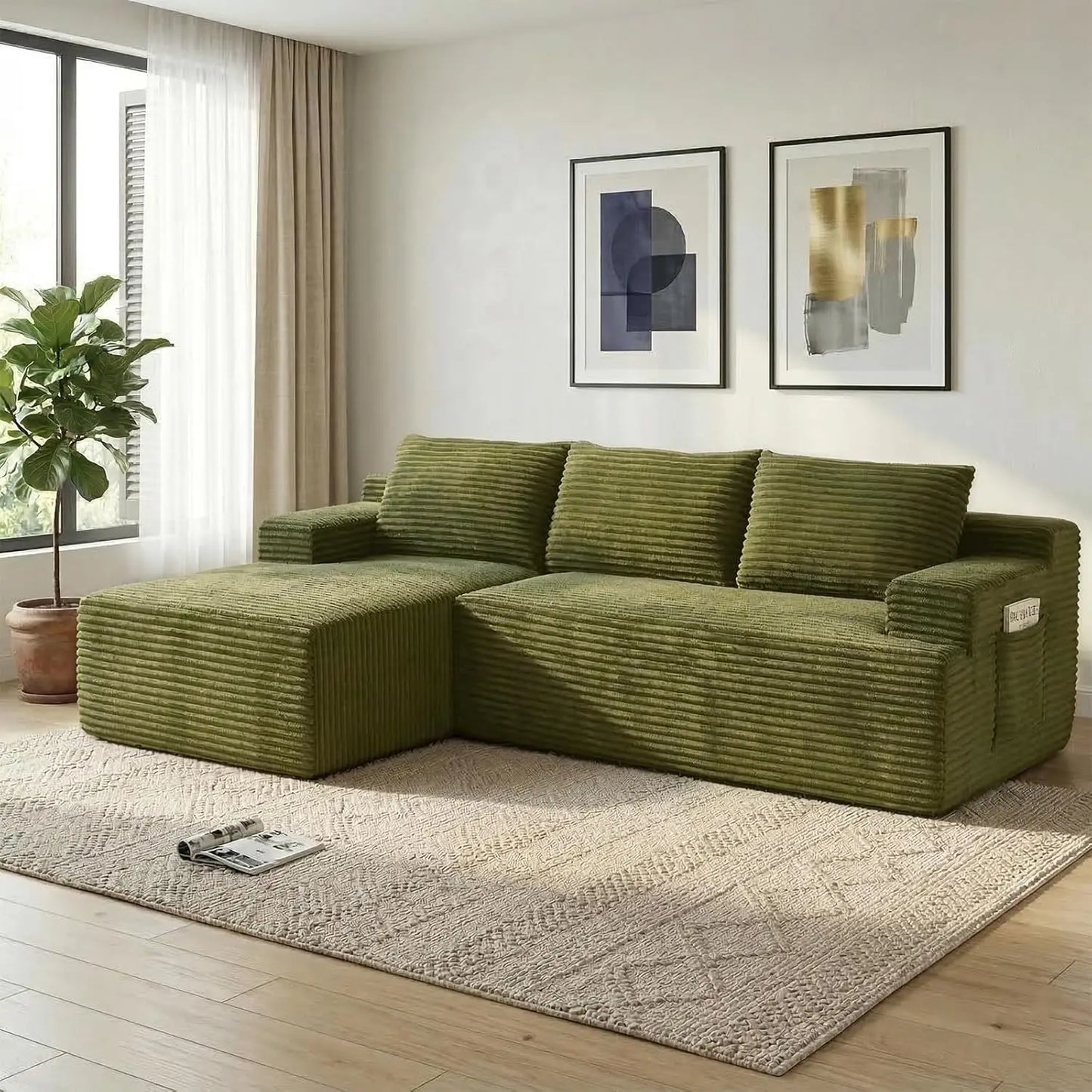 97" Modular Sectional Sofa L-Shape Chaise Deep Seat Corduroy  Left Facing No Assembly, Custom