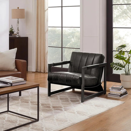 Genuine Leathe Mid Century Armchair Black Metal Frame, Customized