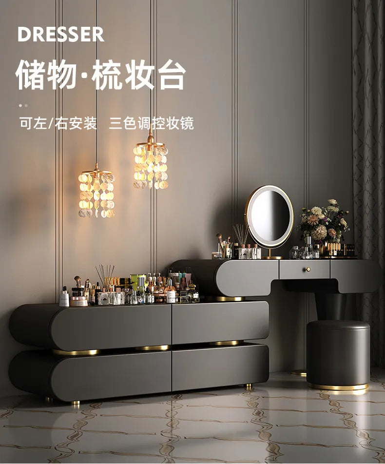 Bedroom Dressing Table Dresser Makeup Mirror Storage Cabinet Light, Luxury Premium Vanity Desk Toiletries Table