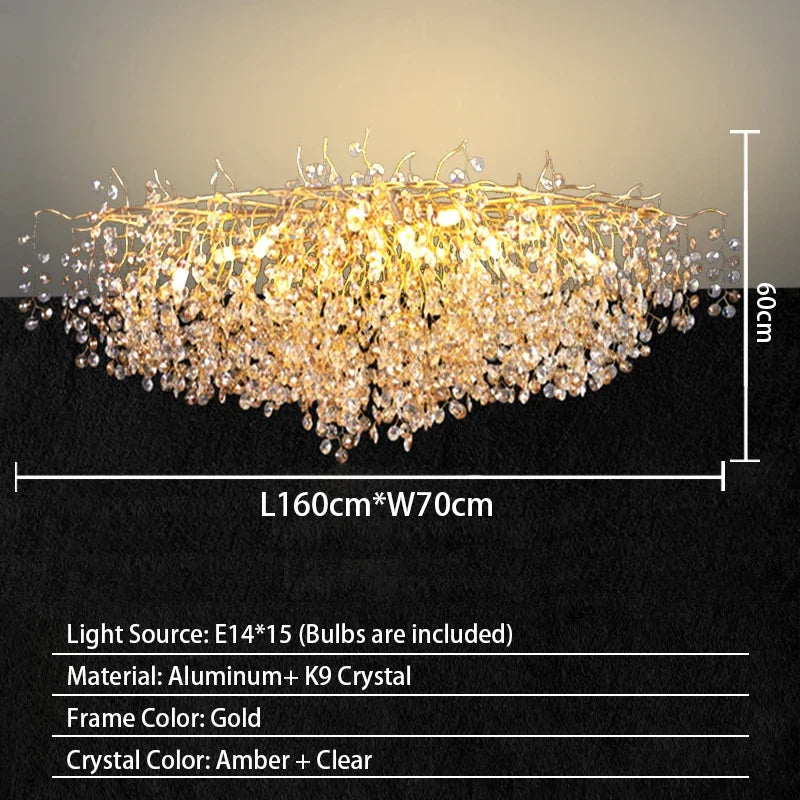 Modern Living Room LED Crystal Gold Large Chandelier Kitchen Long Pendant Lamp