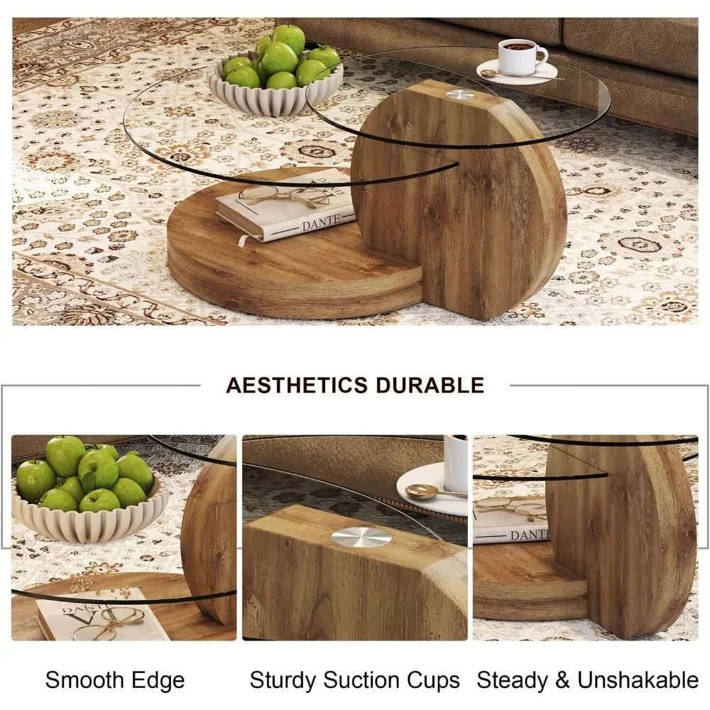 Preferred 42 Inches Round Tempered Glass Coffee Tables for Living Room, 3-Tier Circle Wood