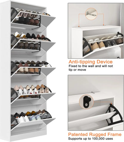 Shoe Storage Cabinet with Full Length Mirror, 30 Pairs & 5 Flip Drawer, Free Standing
