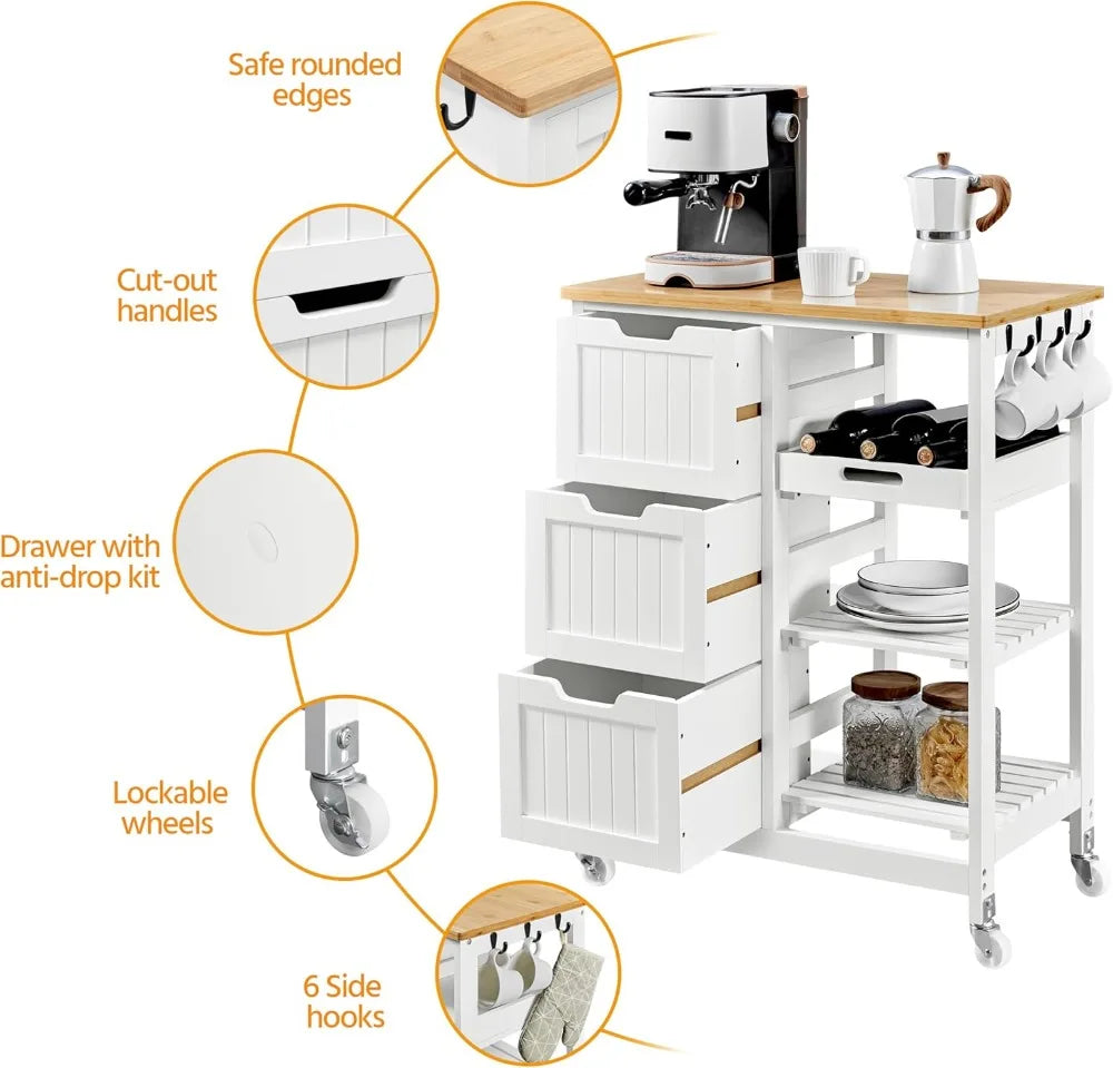Kitchen Rolling Storage Cart w Bamboo Countertop, 3 Drawers, 3 Removable Shelves & Lockable Casters