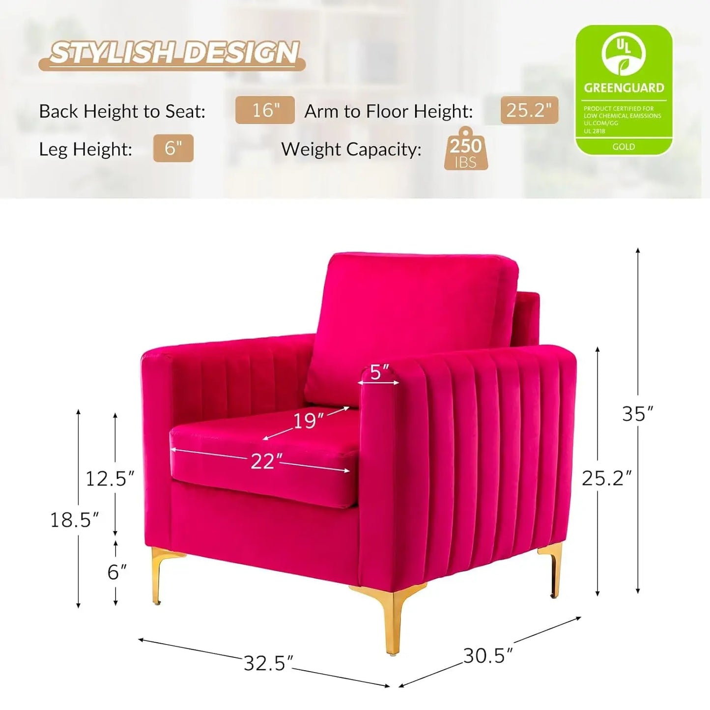 Velvet Accent Chair with Gold Metal Legs, Upholstered Leisure & Reading, Customized