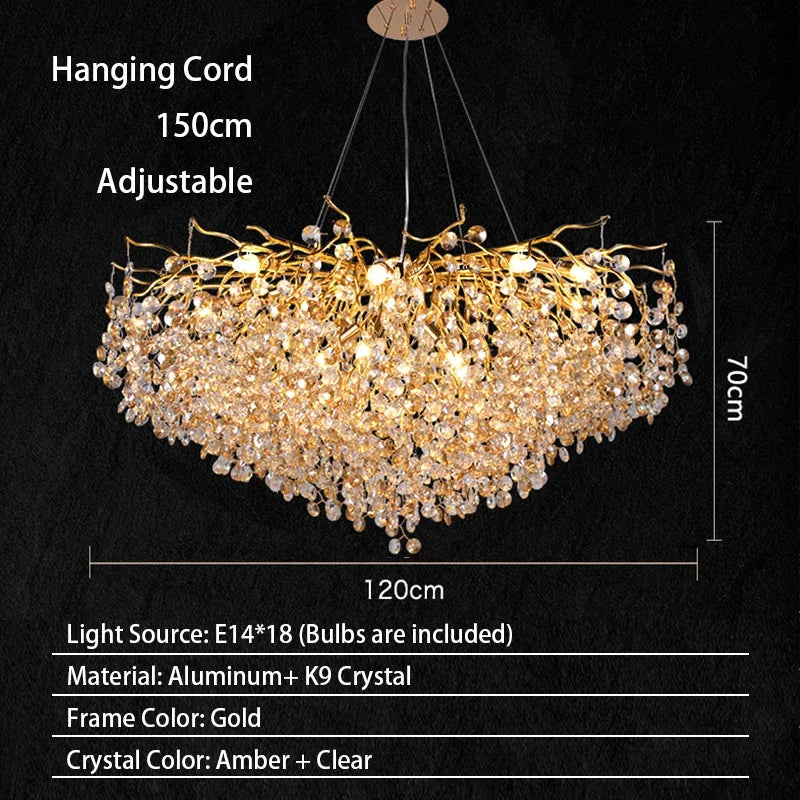 Modern Living Room LED Crystal Gold Large Chandelier Kitchen Long Pendant Lamp