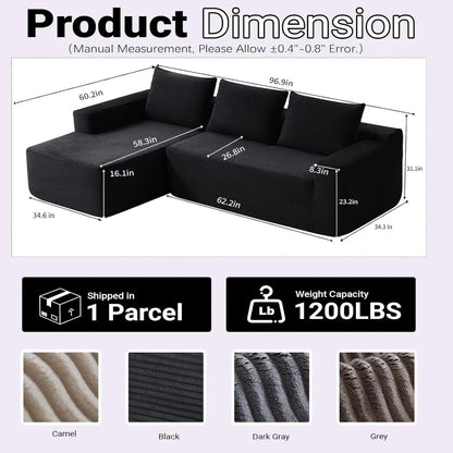 97" Modular Sectional Sofa L-Shape Chaise Deep Seat Corduroy  Left Facing No Assembly, Custom